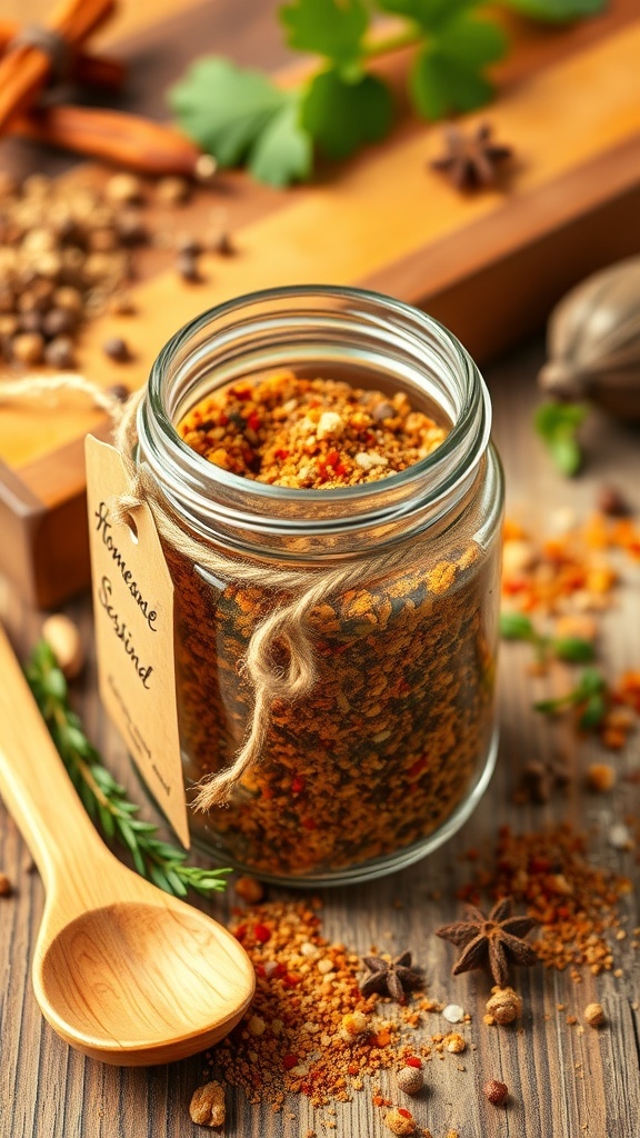 Homemade All-Purpose Seasoning Blend Recipe A jar of homemade seasoning blend with herbs and spices on a wooden cutting board.